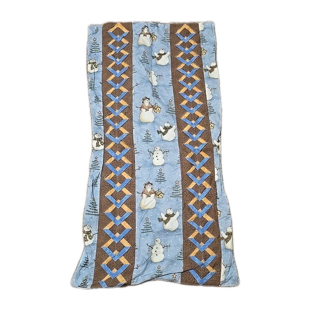 Vtg Handmade Blue Brown Holiday Christmas Snowman Decor Table Runner 34.5"x17.5"